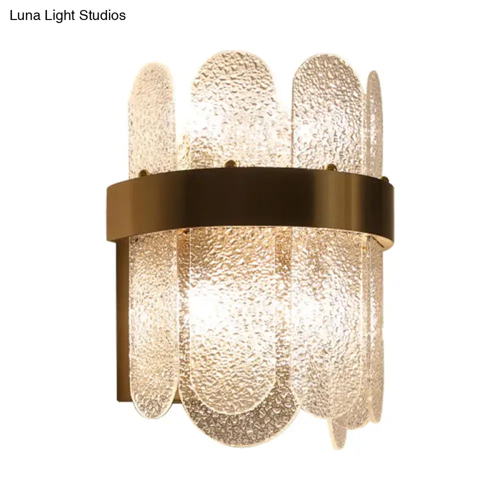 Modern gold 4 head wall lamp with clear hammered glass and textured panels featuring led light type for bedroom use