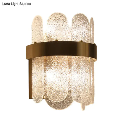 Modern gold 4 head wall lamp with clear hammered glass and textured panels featuring led light type for bedroom use