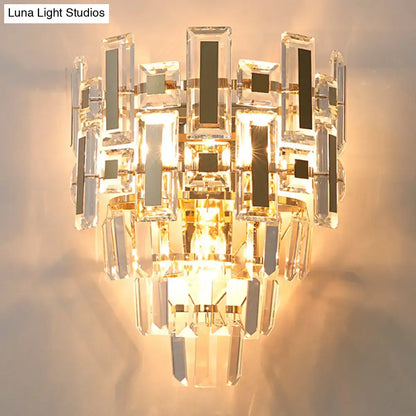 Modern gold 5 tier crystal wall lamp with geometric facets and gold-toned accents for family room flush mount use