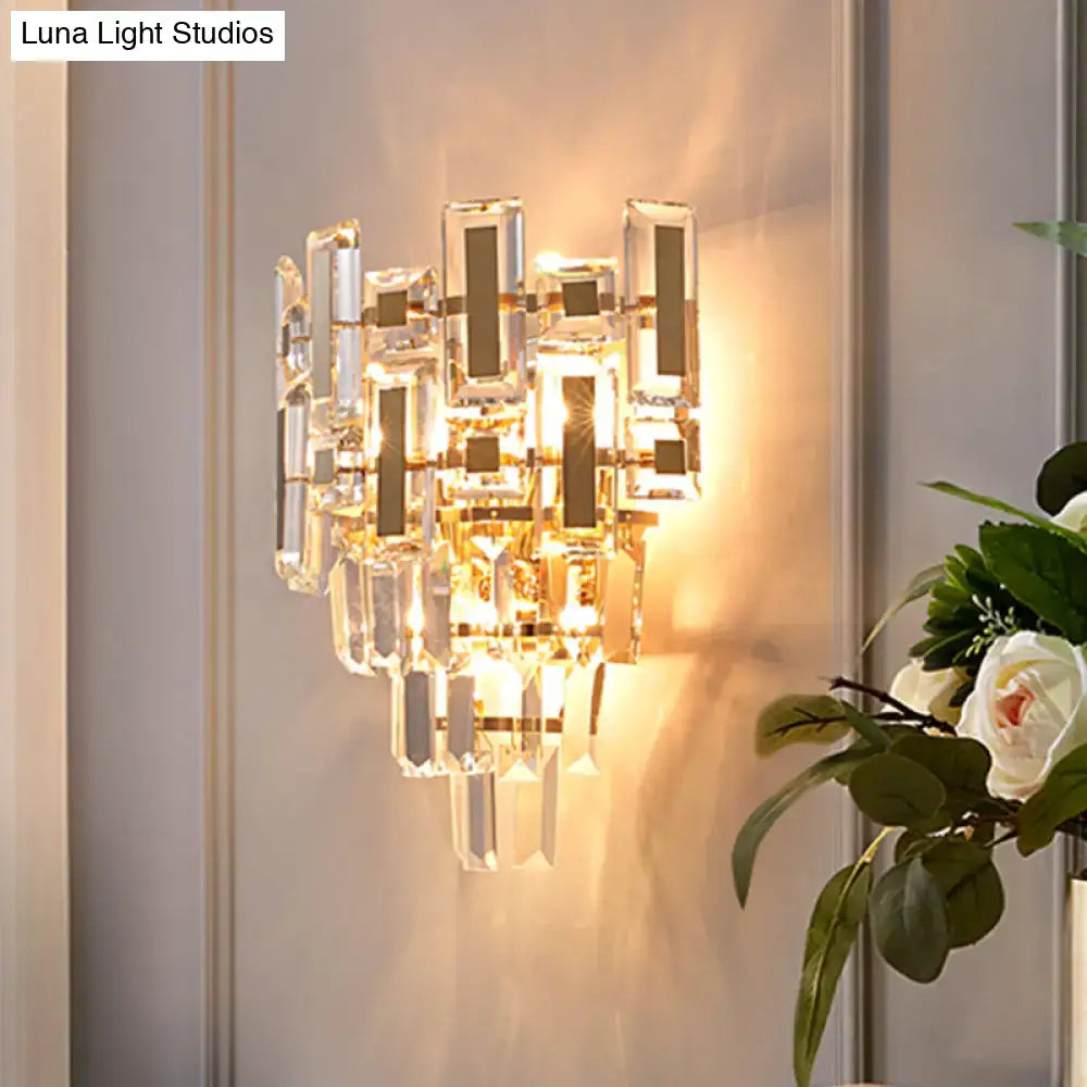 Modern gold 5 tier crystal wall lamp with clear faceted glass and gold accents for family room flush mount lighting