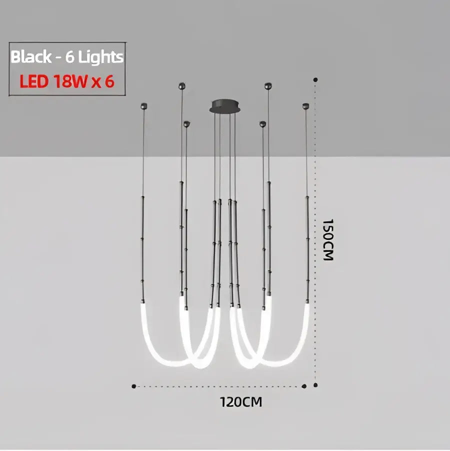 Black pendant light with six led bulbs in brushed nickel and acrylic construction, 150cm height and 120cm width