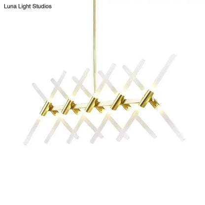 DecorBites contemporary 20-head gold tubular acrylic island light with geometric lattice of white translucent rods