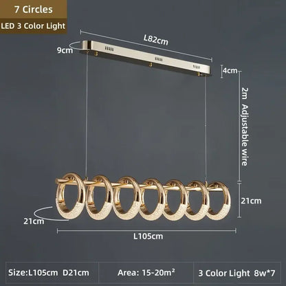 Modern gold acrylic led pendant lights with seven circular rings and three color options for dining room lighting