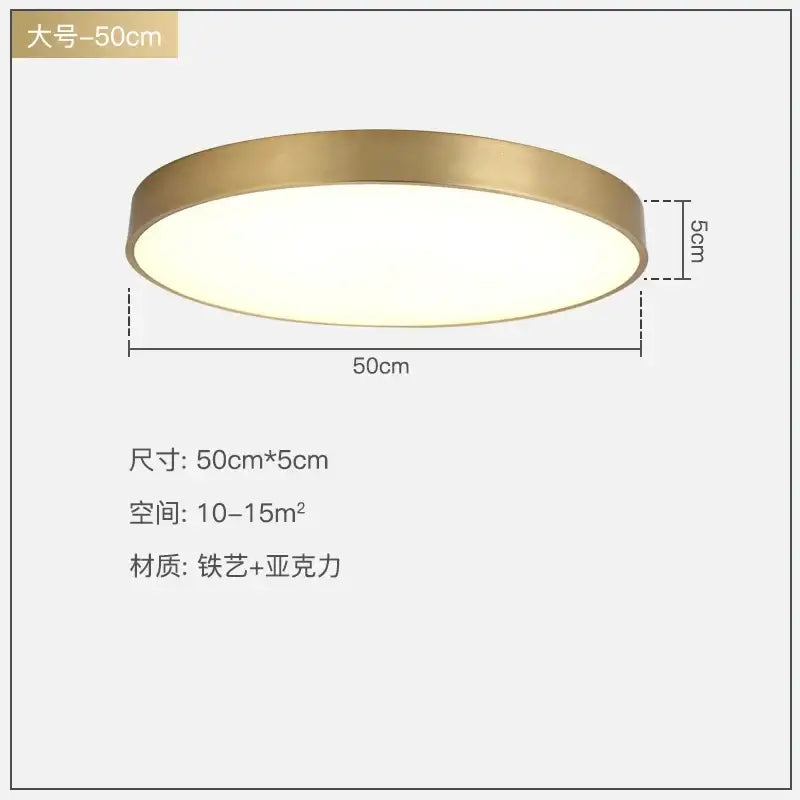 A modern gold acrylic led ceiling light with a brushed brass frame and frosted diffuser for living room use