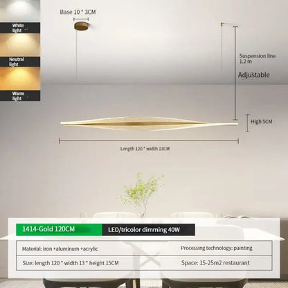 Modern gold acrylic led pendant lamp with sleek elongated design and adjustable suspension line for dining room decorbites acrylic led