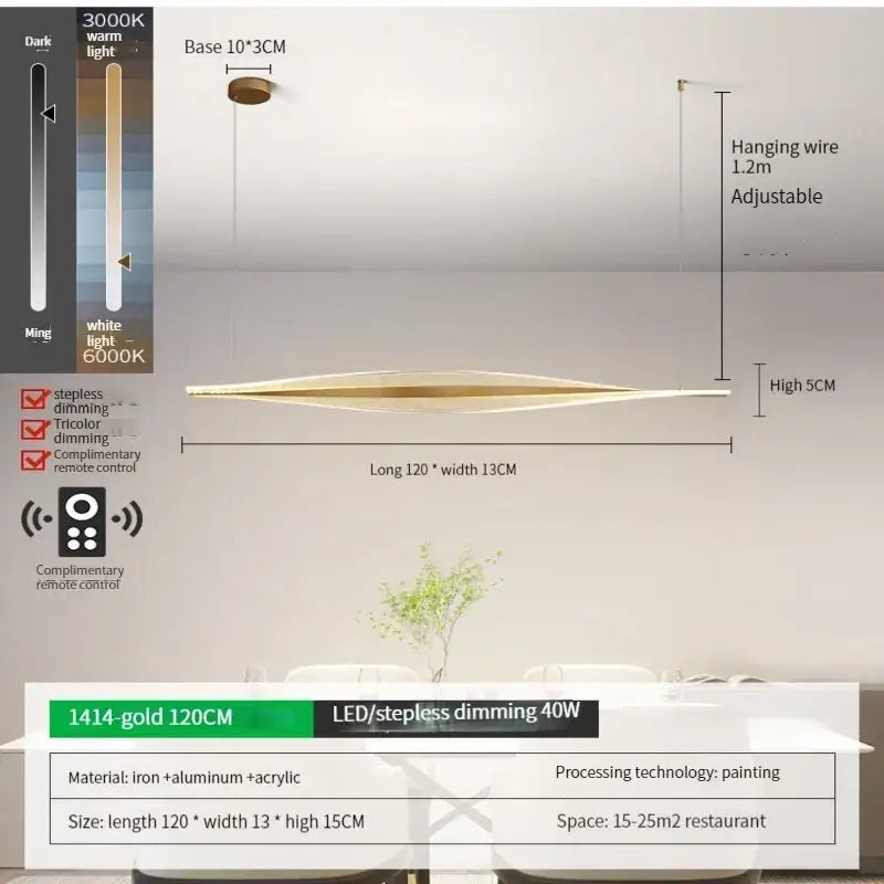 Modern gold acrylic led pendant lamp with sleek elongated design and adjustable hanging wire for dining room decorbites acrylic led