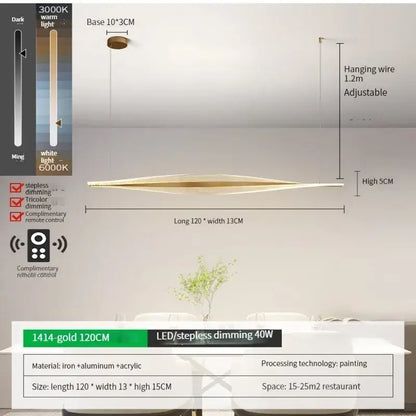 Modern gold acrylic led pendant lamp with sleek elongated design and adjustable hanging wire for dining room decorbites acrylic led