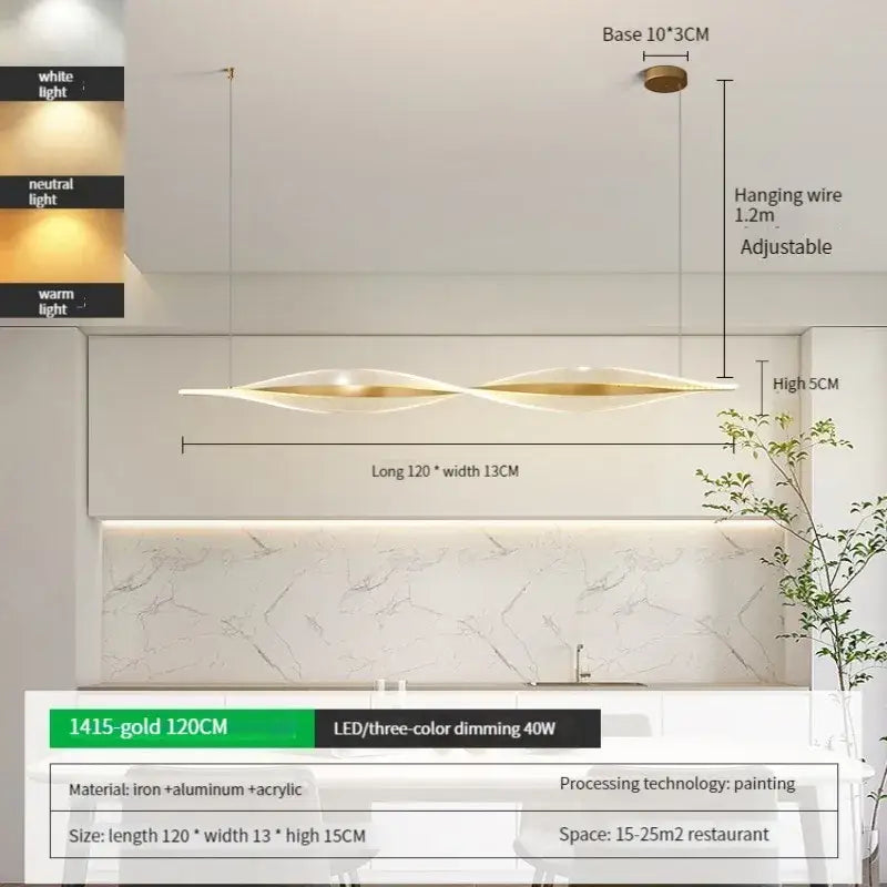 Modern gold acrylic led pendant lamp with sleek twisted design and adjustable wire for dining room decorbites acrylic led