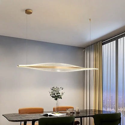 Modern gold acrylic led pendant lamp with sleek elongated oval design and embedded led lighting for dining room decorbites acrylic led