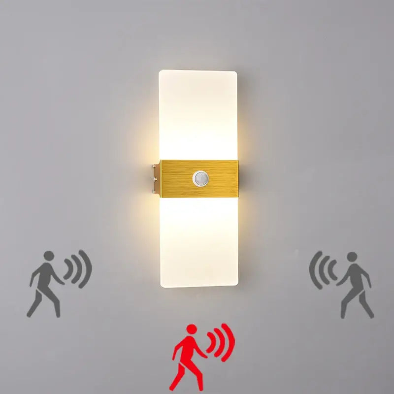Modern gold acrylic led wall lamp featuring a warm glow, frosted diffuser panels, and a metallic sensor for bedroom decorbites acrylic led