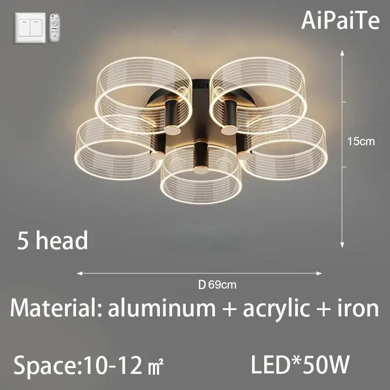 Modern gold acrylic lustre chandelier with five glowing circular heads in aluminum iron for living room decorbites acrylic lustre