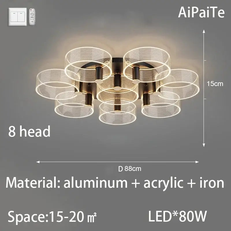 Modern gold acrylic lustre chandelier with eight glowing circular heads made of aluminum iron for living room decorbites acrylic lustre