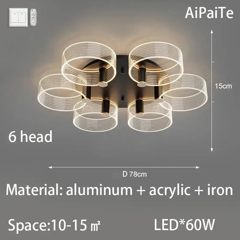 Aipaite six-head led ceiling light with translucent gold acrylic lustre rings and dark metal base for modern decorbites acrylic chandelier