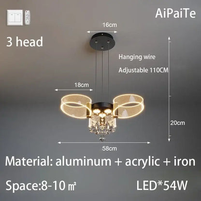 Modern gold acrylic lustre chandelier with black three-head design, gold acrylic rings, and crystal droplets by decorbites acrylic lustre