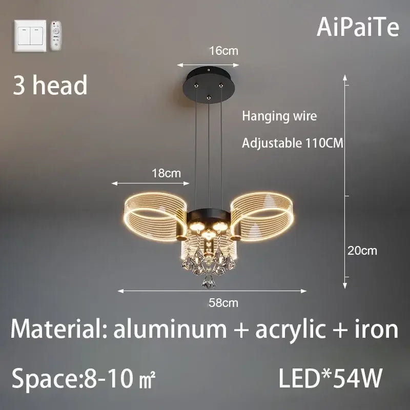 Modern gold acrylic lustre chandelier with black three-head design, gold acrylic rings, and crystal droplets by decorbites acrylic lustre