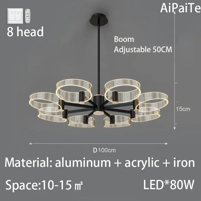 Modern gold decorbites acrylic lustre chandelier with black and clear acrylic eight adjustable led lights for living room decor