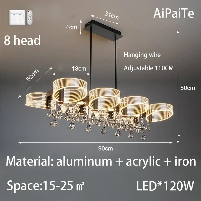 Modern gold acrylic lustre chandelier with eight-head led, aluminum frame, crystal droplets, and decorbites acrylic lustre design