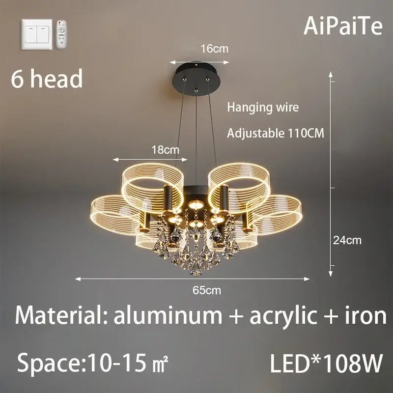 Modern six-head black aluminum and acrylic lustre chandelier with crystal pendants for living room decorbites acrylic lustre