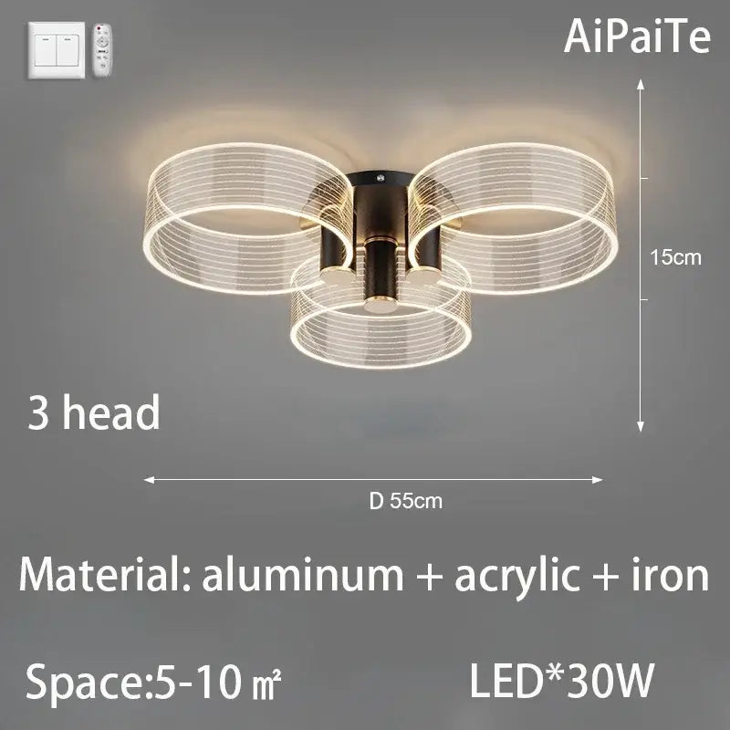 Modern gold acrylic lustre chandelier with three translucent acrylic rings and dark metal frame decorbites acrylic lustre