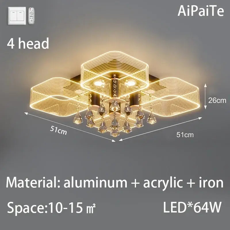 Modern gold acrylic lustre chandelier with four hexagonal arms and crystal droplets for living room decorbites acrylic lustre