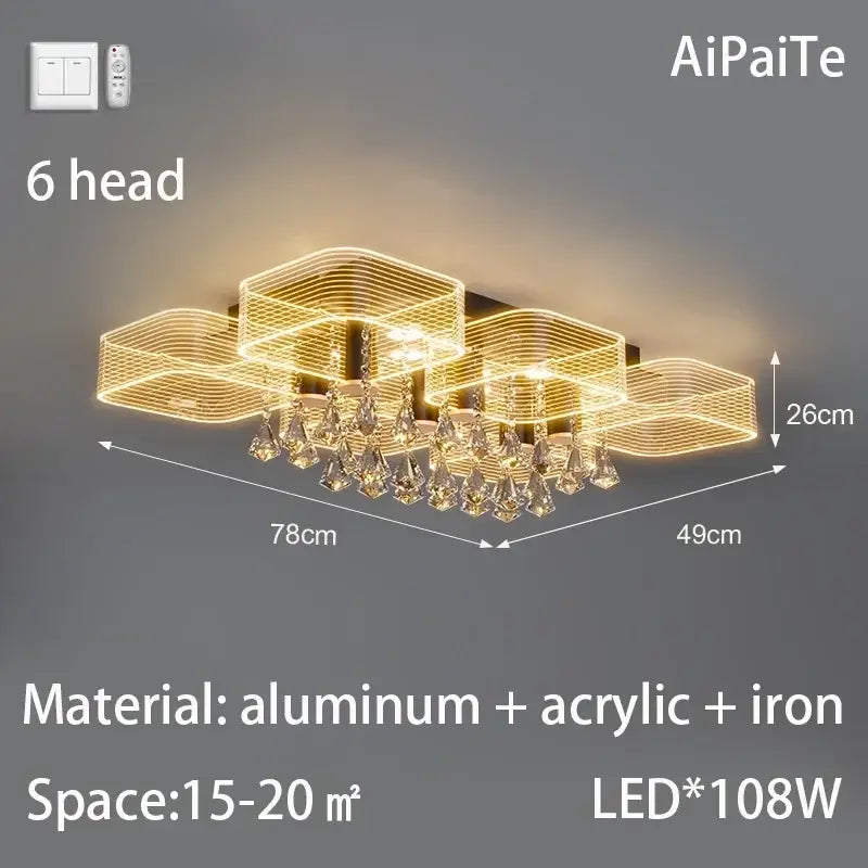 Modern gold acrylic lustre chandelier with six hexagonal led frames and crystal droplets by decorbites acrylic lustre