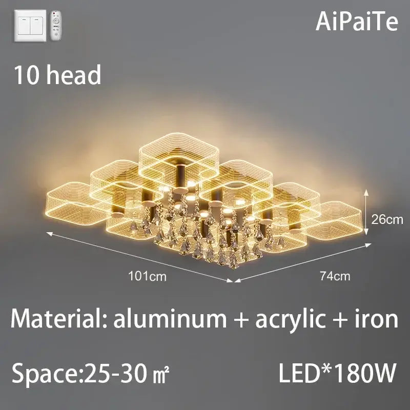 Modern gold acrylic lustre chandelier with hexagonal led ring light and crystal droplets for living room decorbites acrylic lustre