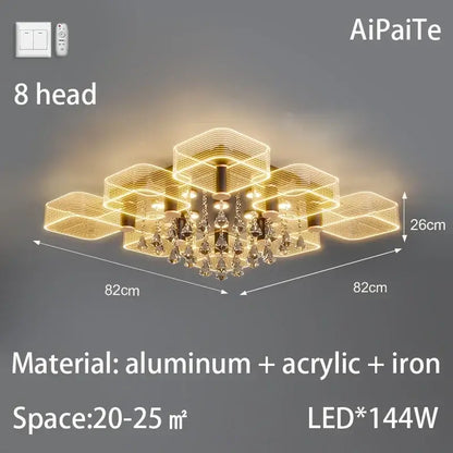 Modern gold acrylic lustre chandelier with eight hexagonal light heads and crystal droplets by decorbites acrylic lustre