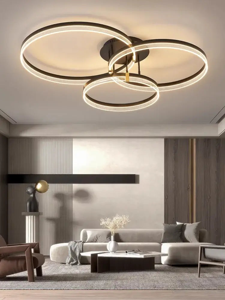 Modern gold acrylic round ring ceiling light with three interlocking black and gold acrylic round rings for living room decorbites acrylic round