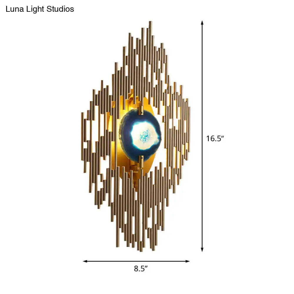 Modern gold agate deco wall sconce with blue and white agate stone and vertical bars living room inch fixture