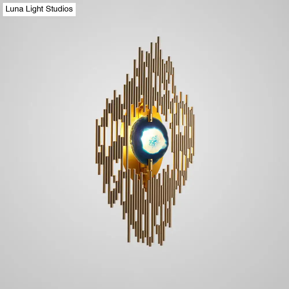 Modern gold agate deco wall sconce with blue white geode center and vertical bars for living room 18 inch fixture