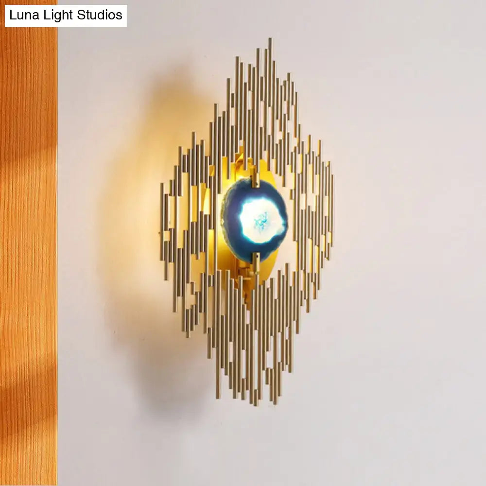 Modern gold agate deco wall sconce with radiating bars and blue stone for living room 12 inch fixture