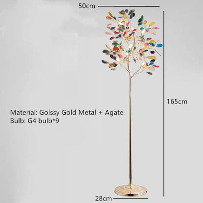 A tall modern gold agate led wall lamp with colorful gemstone decorbites agate led leaves on a slender metal base