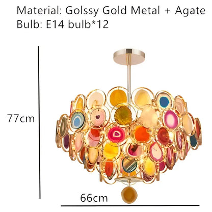 A modern gold agate led wall lamp sconce featuring vibrant colorful agate slices in a glossy metal frame by decorbites