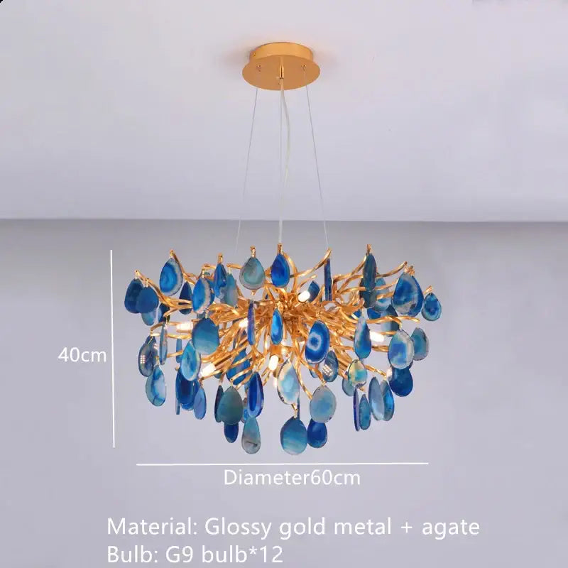 Elegant blue agate led wall lamp with glossy gold metal arms and circular ceiling mount for modern decorbites agate led decor