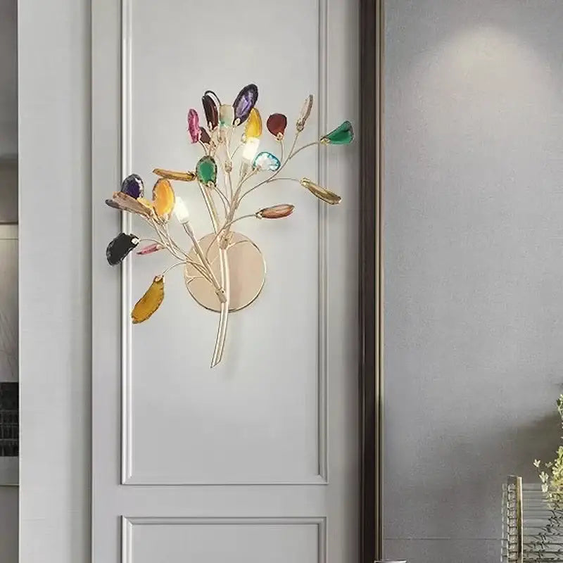 Modern gold agate led wall lamp sconce with colorful gemstone leaves in gold-toned metal frame for bedroom decorbites agate led