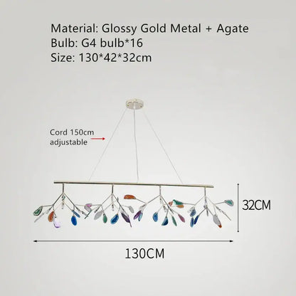 Modern gold agate led wall lamp with glossy gold metal chandelier and colorful agate leaf pendant charms decorbites agate led
