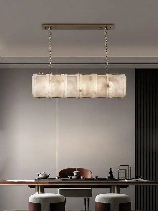Modern gold alabaster dimmable led marble art chandelier with matte gold frame and glowing white panels for dining room decorbites dimmable led