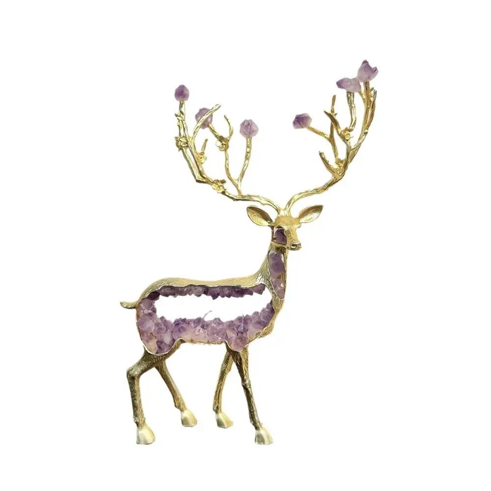 Modern gold amethyst deer statue with hollow body filled with purple crystals and matching gemstone antlers decorbites amethyst deer