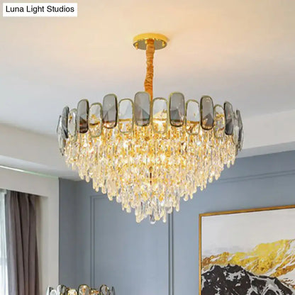 Golden decorbites modern crystal cone chandelier with cascading clear crystal droplets and gray-tinted glass panels
