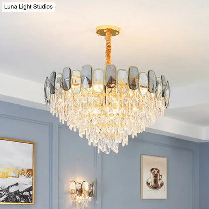 DecorBites™ modern crystal cone chandelier with gold tones clear crystal droplets and silver-gray accents for living room lighting
