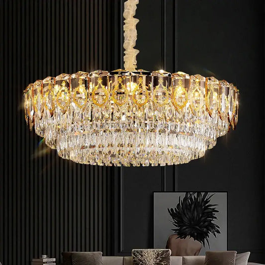Modern gold and amber decorbites crystal chandelier with cascading tiers of clear and amber crystals for dining room light