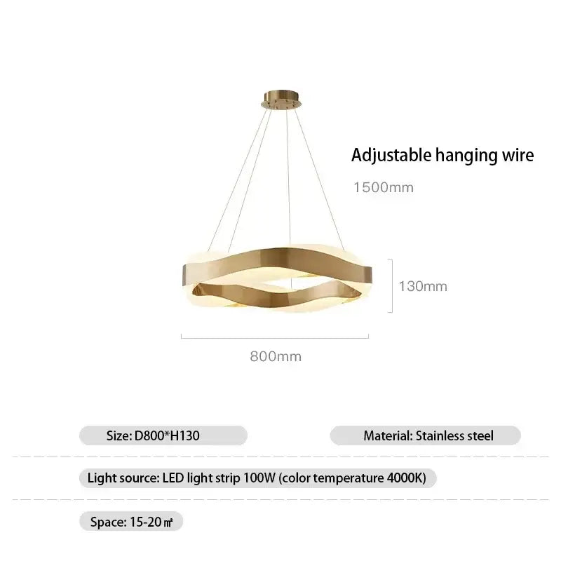 Modern gold and black circle chandelier pendant light with sleek wavy stainless steel design and LED strip lighting