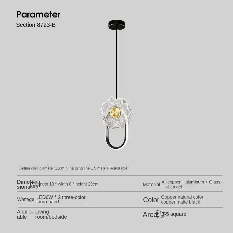 Modern gold and black led glass wall lamp featuring a delicate flower-shaped pendant light with clear glass bloom