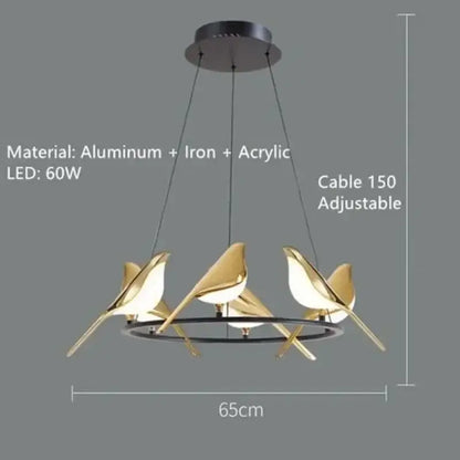 Modern gold and black magpie bird pendant light with iron finish and adjustable cord pendant installation in circular frame