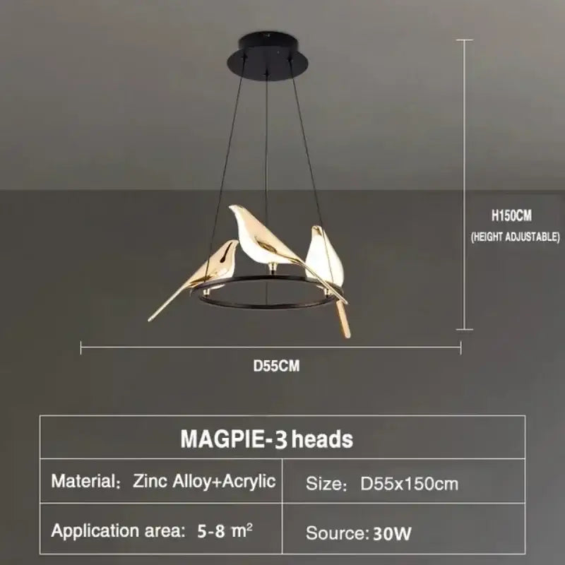 Modern gold and black magpie pendant light with three sculpted birds iron finish cord pendant installation