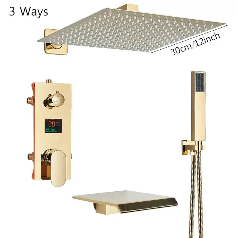 Modern gold and black shower faucet set with a 30cm gold-finished rainfall shower head featuring small nozzles grid