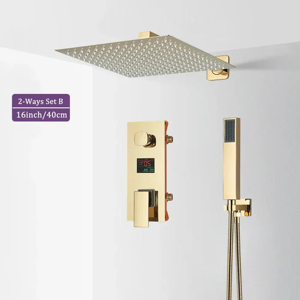 Modern gold and black shower faucet set featuring a gold-finished 16-inch square rain shower head with even water distribution