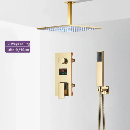 Modern gold and black shower faucet set with gold-finished square ceiling shower head and integrated led lighting
