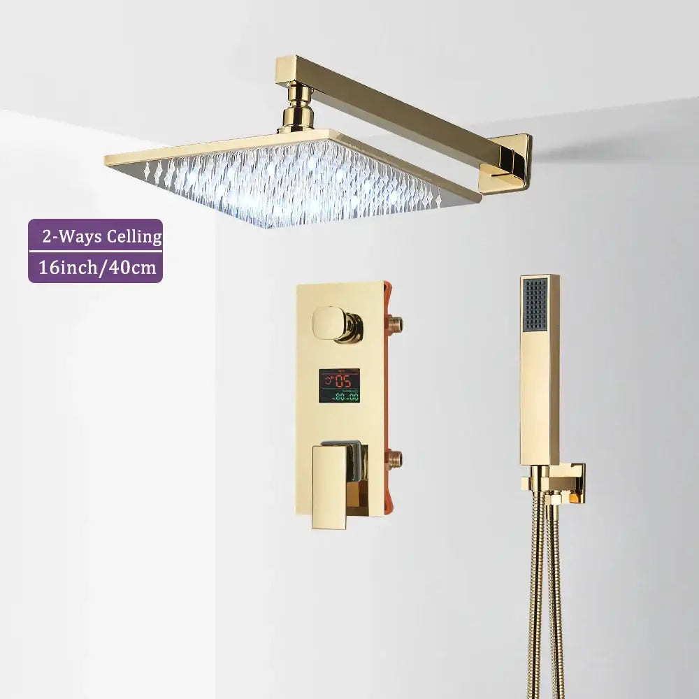 Modern gold and black shower faucet set with 16-inch gold rainfall showerhead and led handheld shower unit