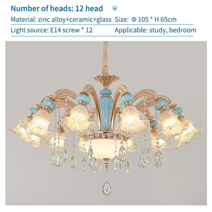 Modern gold and blue duplex ceramic crystal pendant lamp with twelve light heads and decorative crystal droplets